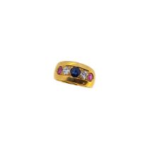 A sapphire, diamond and ruby dress ring,