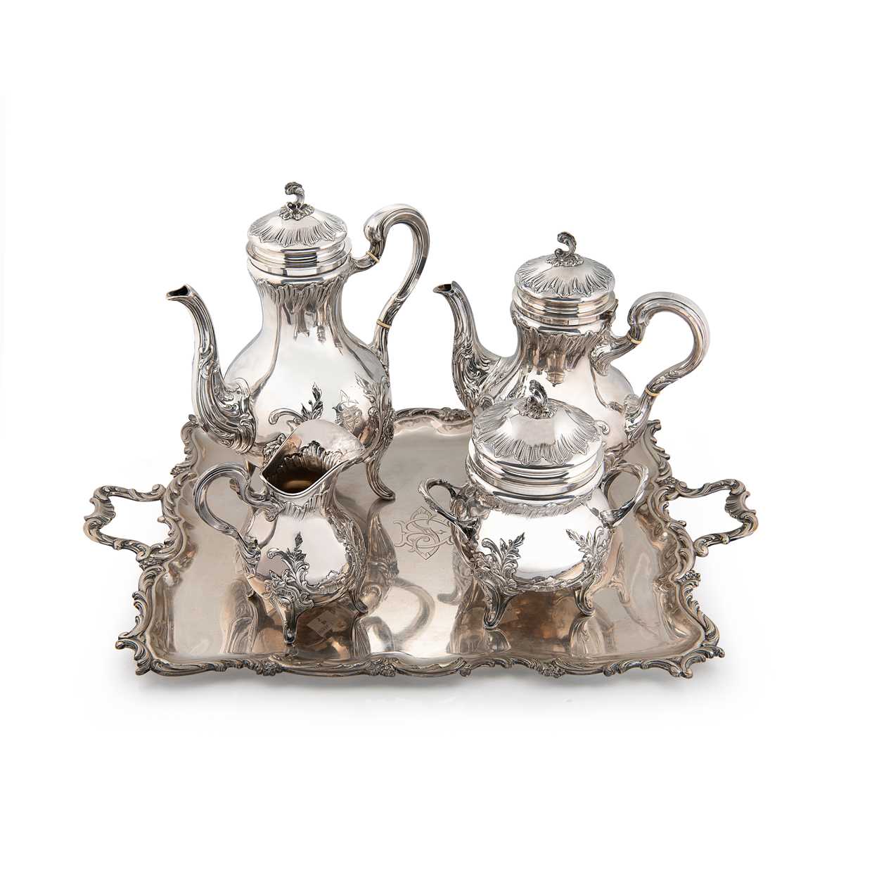 An early 20th century Belgian metalwares silver 4-piece tea set with accompanying tray,