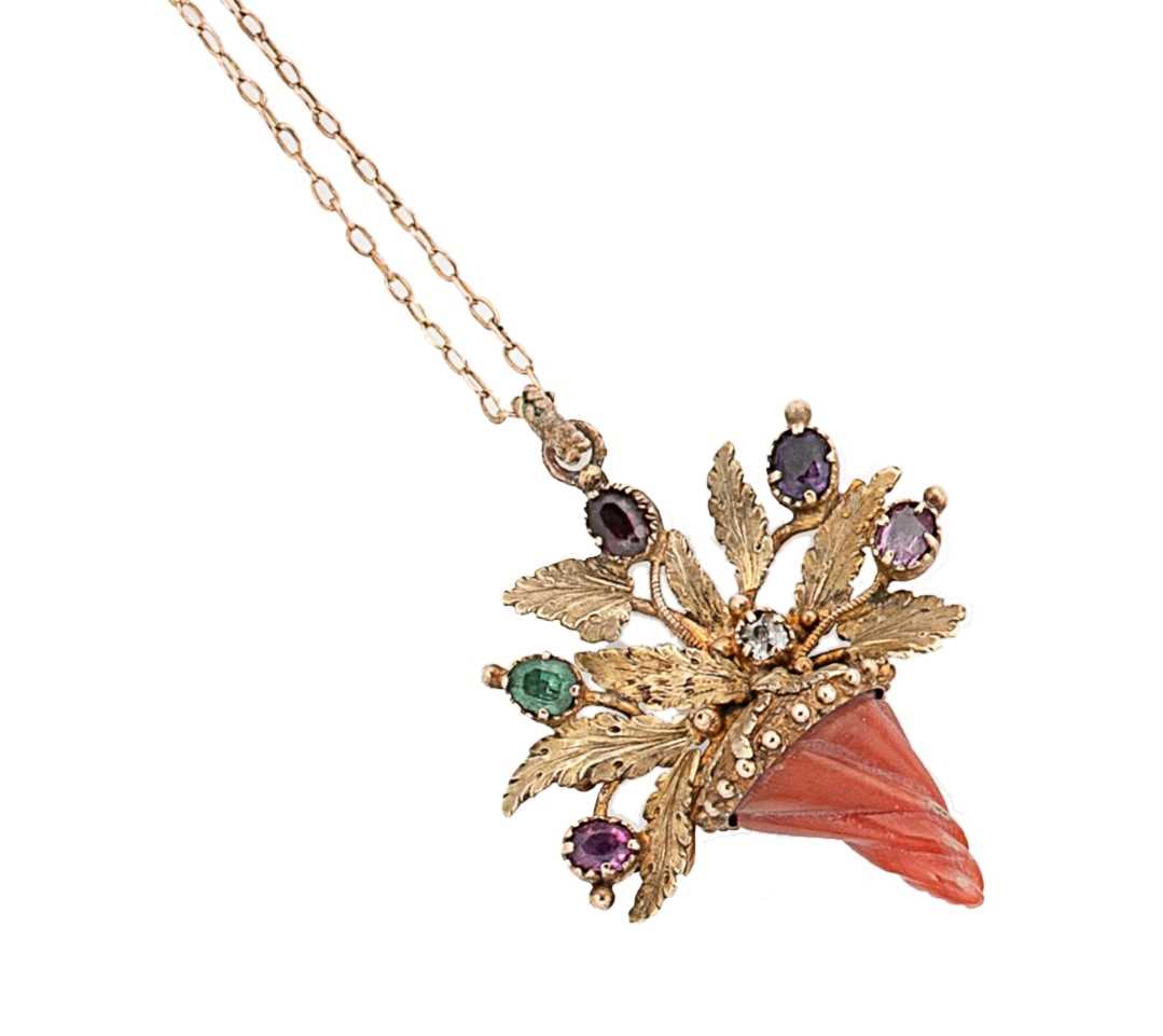 A Victorian coral and multi gemset cornucopia 'regard' pendant,
