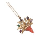 A Victorian coral and multi gemset cornucopia 'regard' pendant,