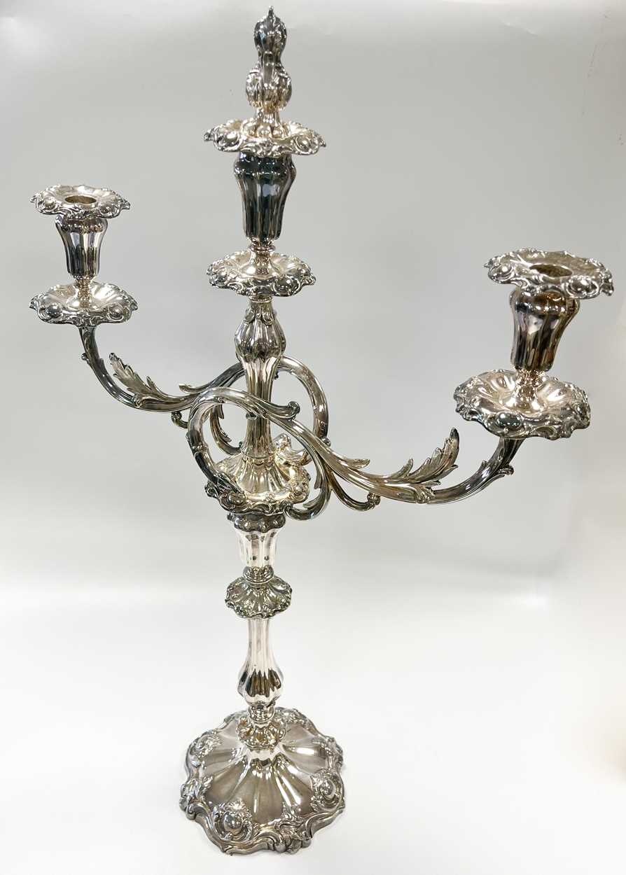 A pair of silver plated 3 light metamorphic candelabra, - Image 2 of 8