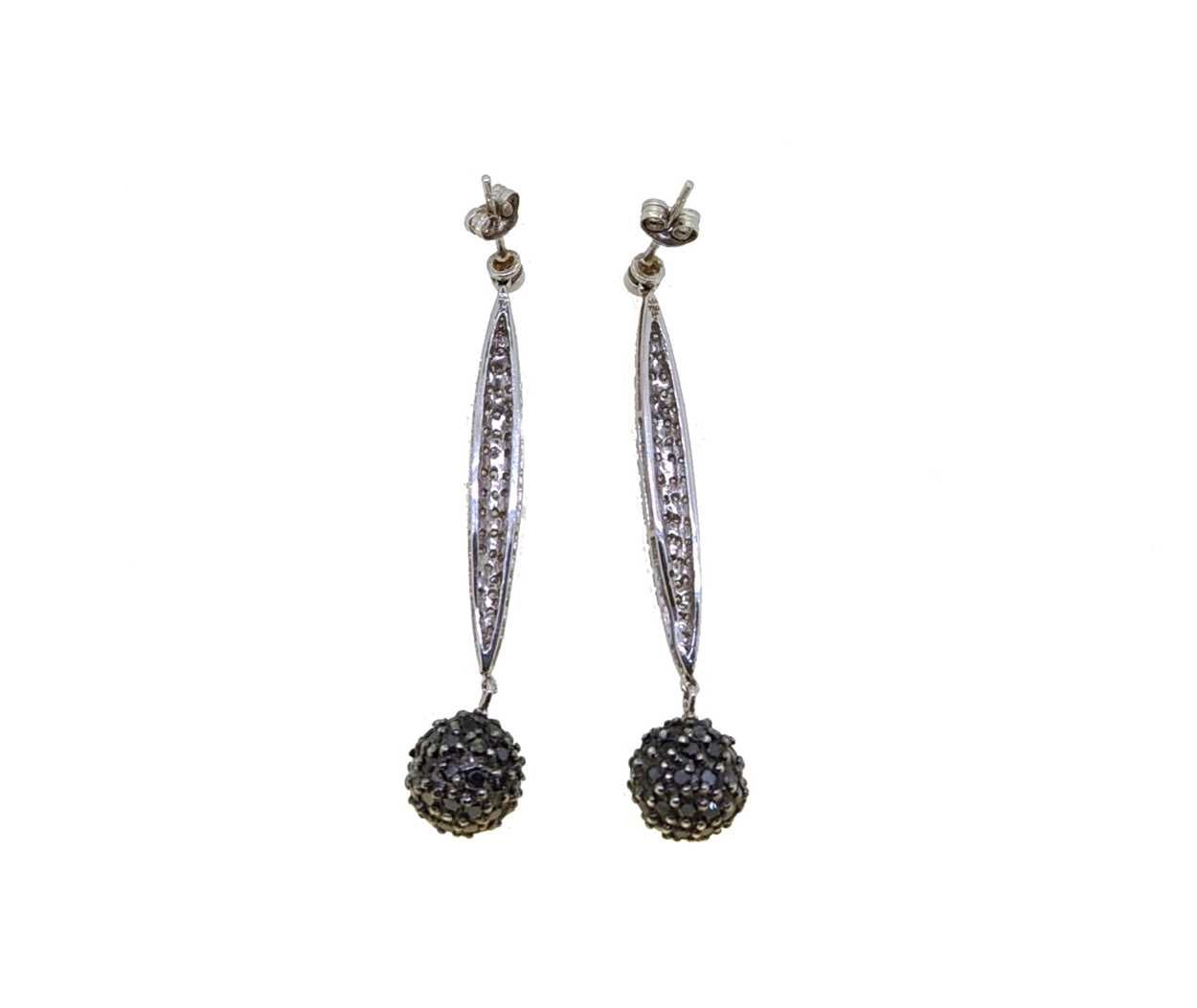 A pair of black and white diamond set ear pendants, - Image 2 of 2