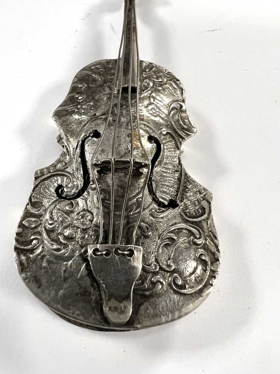 A Victorian (probably Dutch metalwares) silver novelty box in the form of a violin, - Image 2 of 8