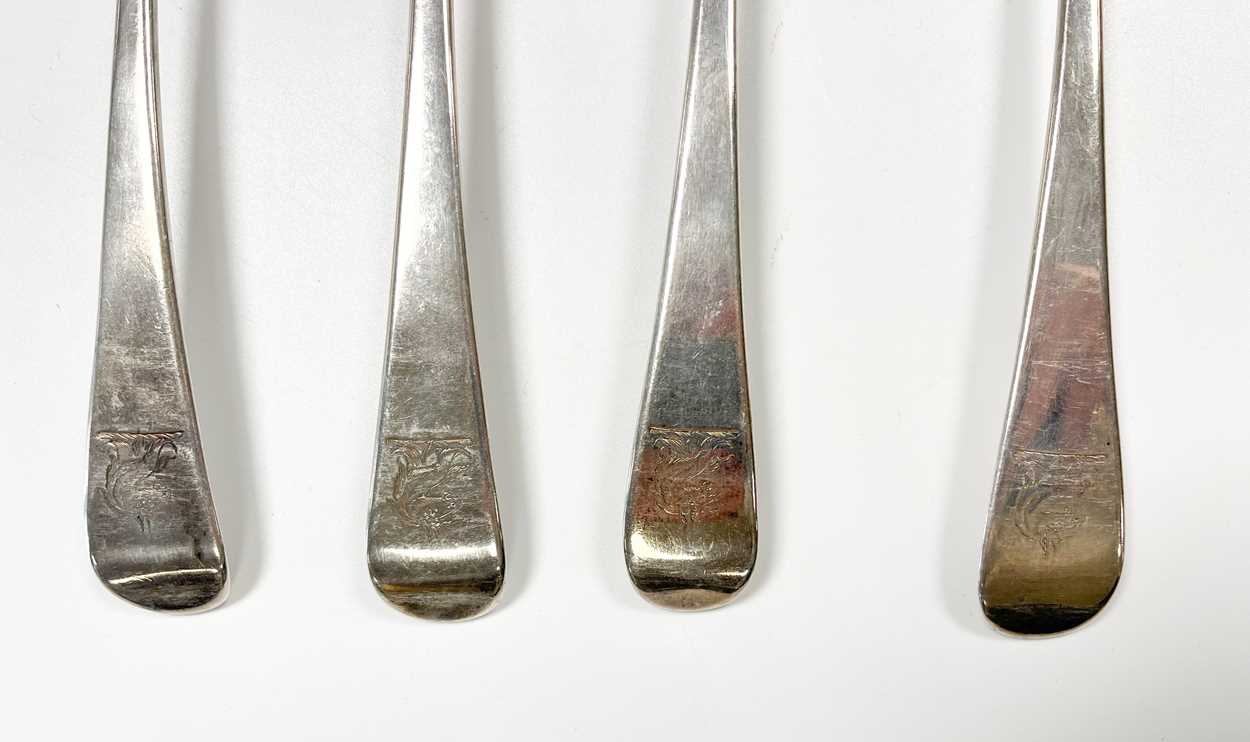 A set of 4 George III 18th century silver basting spoons, - Image 3 of 4