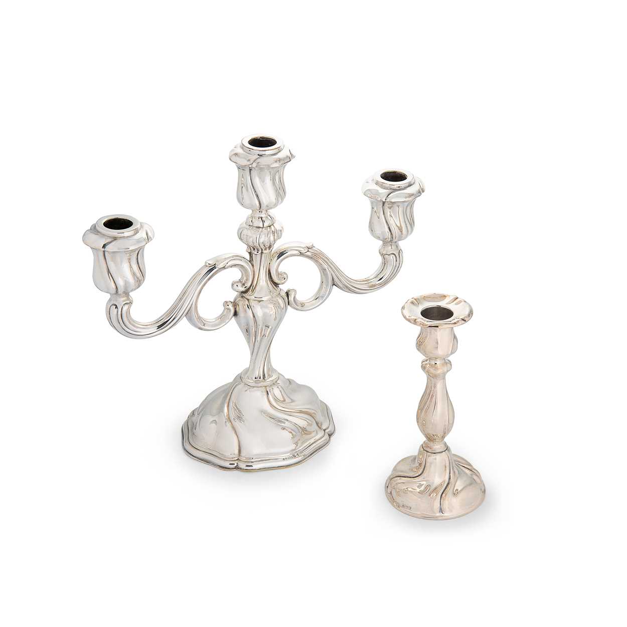 A mid 20th century German metalwares silver 3 light candelabra together with a single candlestick,