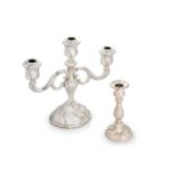 A mid 20th century German metalwares silver 3 light candelabra together with a single candlestick,