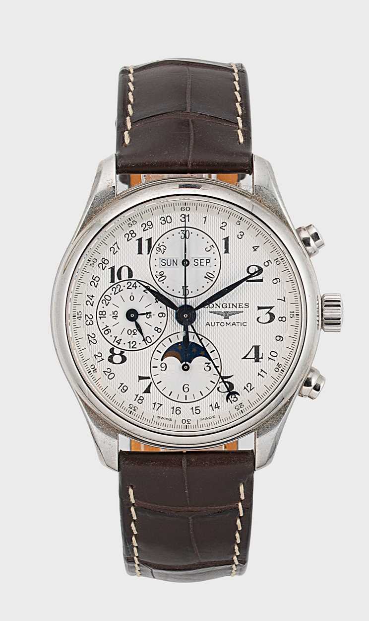 Longines - A steel 'Master Collection' triple calendar with chronograph and moonphase wristwatch,