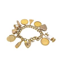 A gold plated charm bracelet with sovereigns,