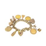 A gold plated charm bracelet with sovereigns,