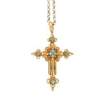 A 19th century turquoise cross pendant and modern chain,