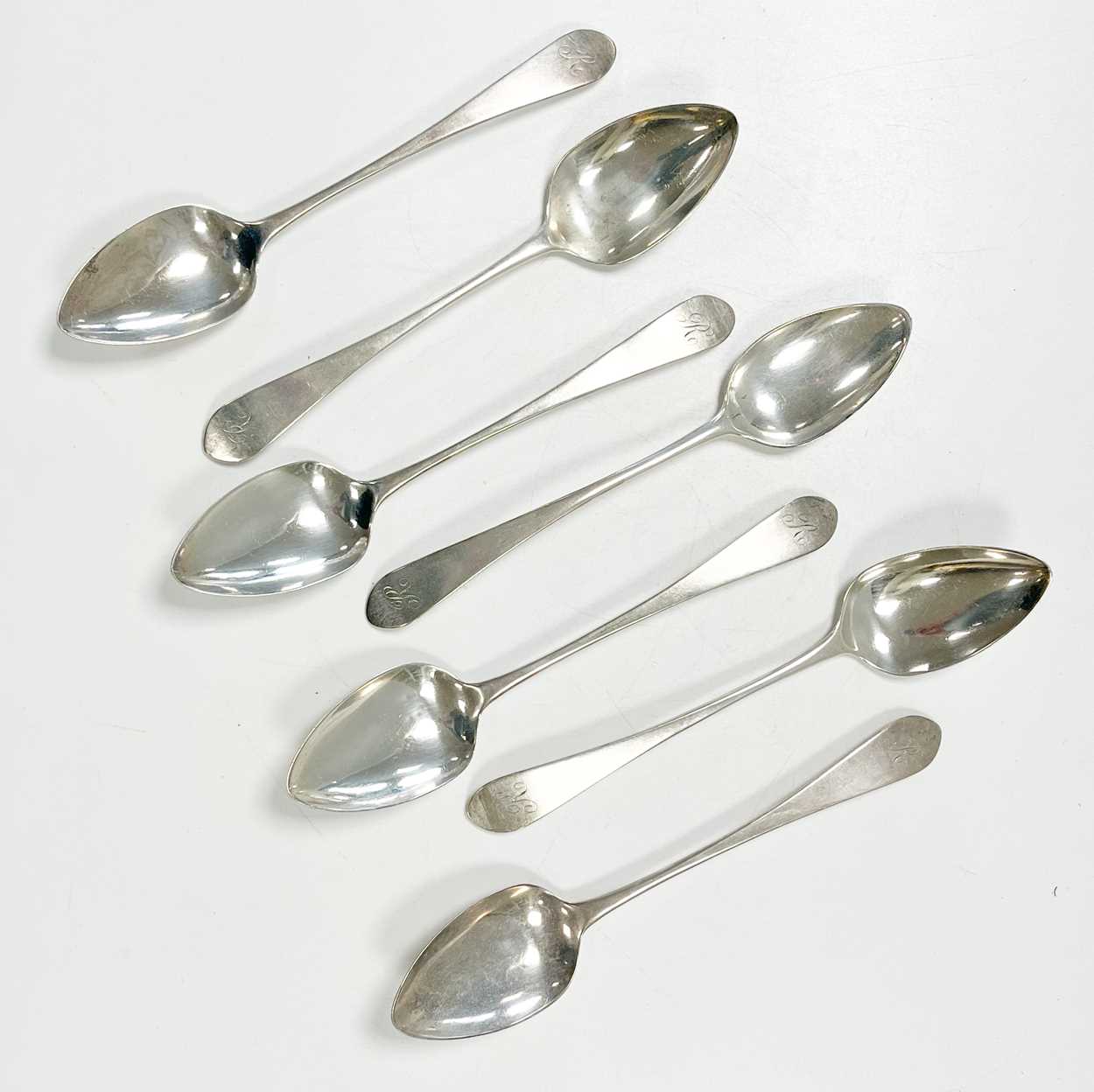 Edinburgh - A set of six 18th century silver dessert spoons with a later addition, - Image 2 of 4