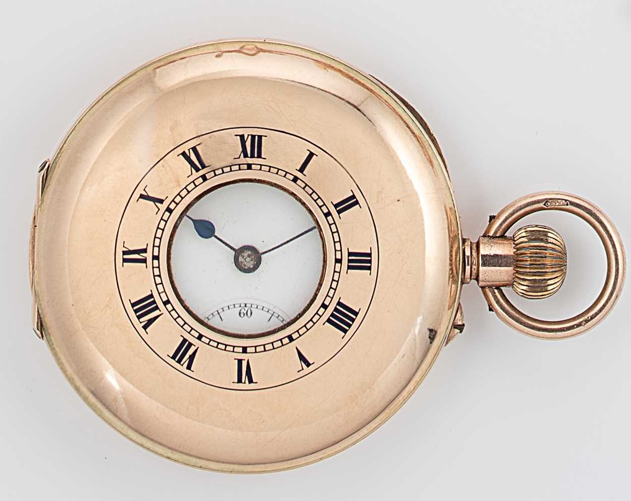 Unsigned - An early 20th century 9ct gold half hunter pocket watch,