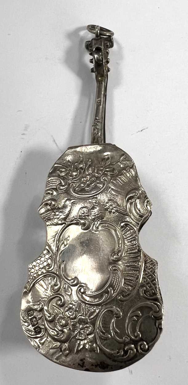 A Victorian (probably Dutch metalwares) silver novelty box in the form of a violin, - Image 3 of 8