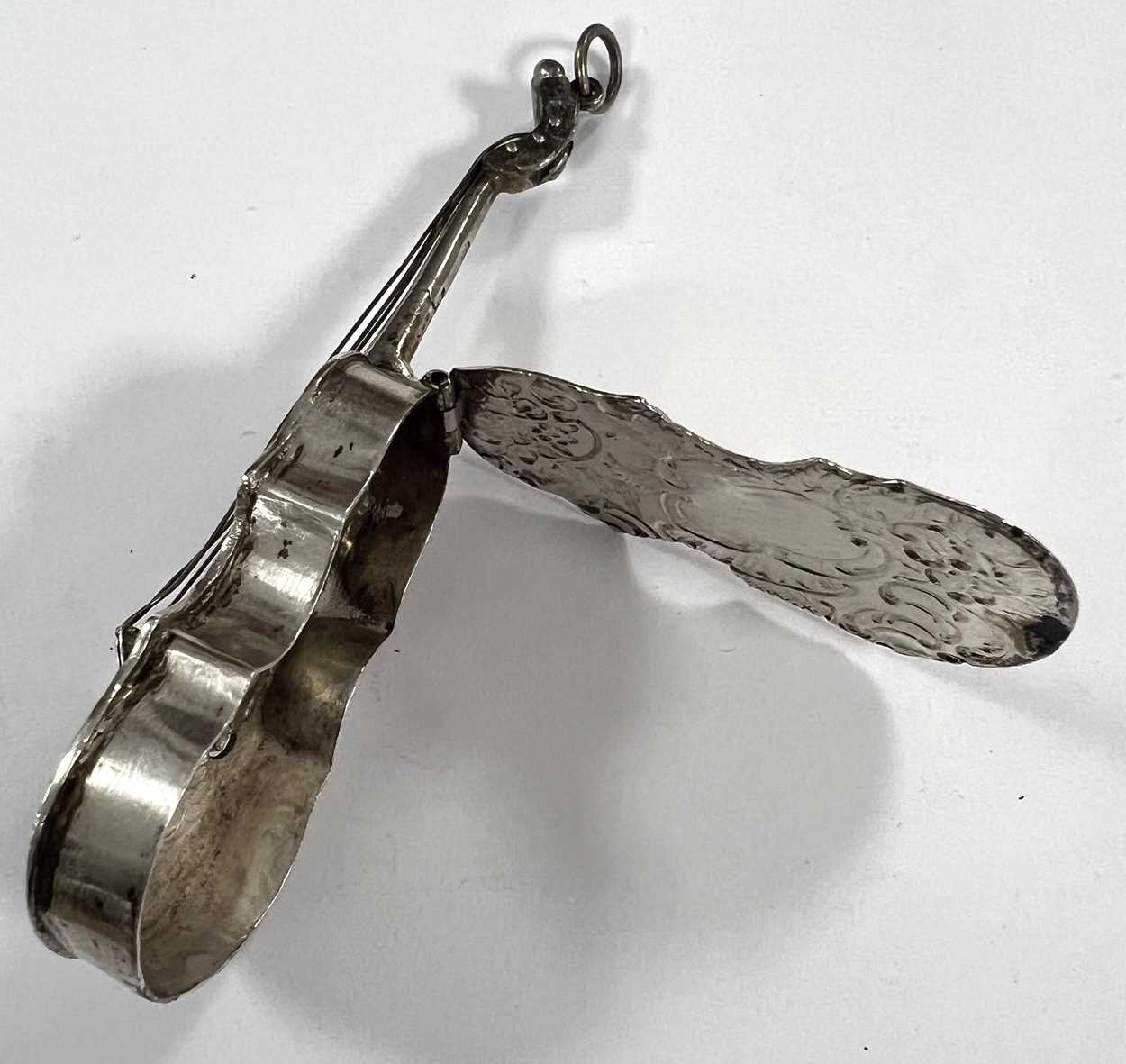 A Victorian (probably Dutch metalwares) silver novelty box in the form of a violin, - Image 4 of 8