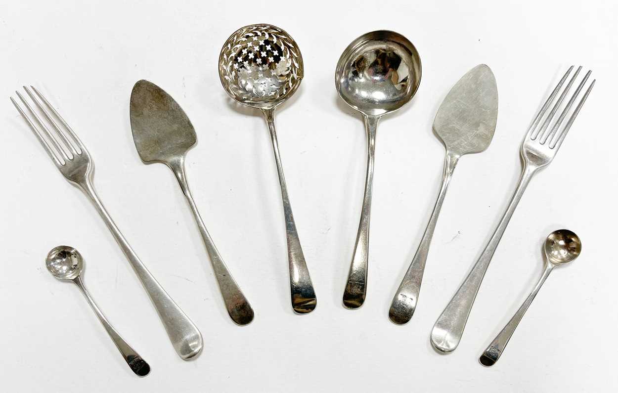 A 64-piece set of George III 18th century silver flatware with 29 additions,