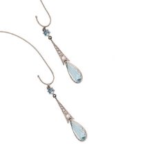 A pair of aquamarine and diamond ear pendants,