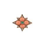 A Victorian emerald, coral and diamond star brooch,
