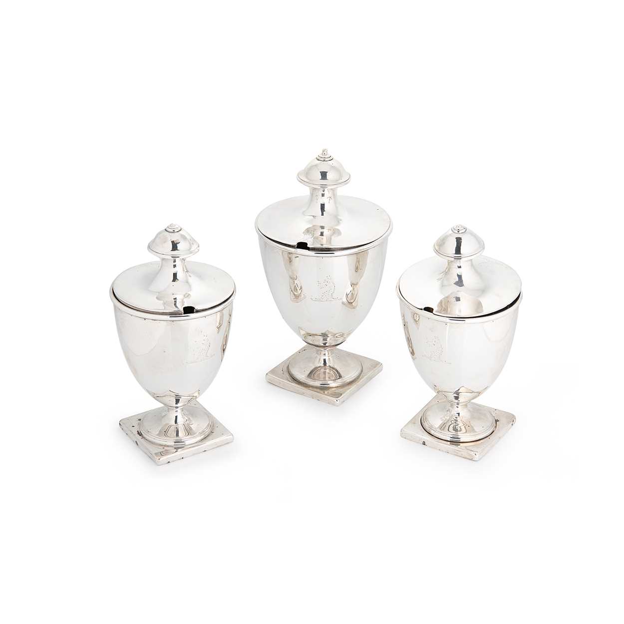 A set of 3 George III 18th century silver sugar vases with covers,