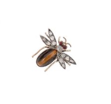 A Victorian tiger's eye and diamond insect brooch,