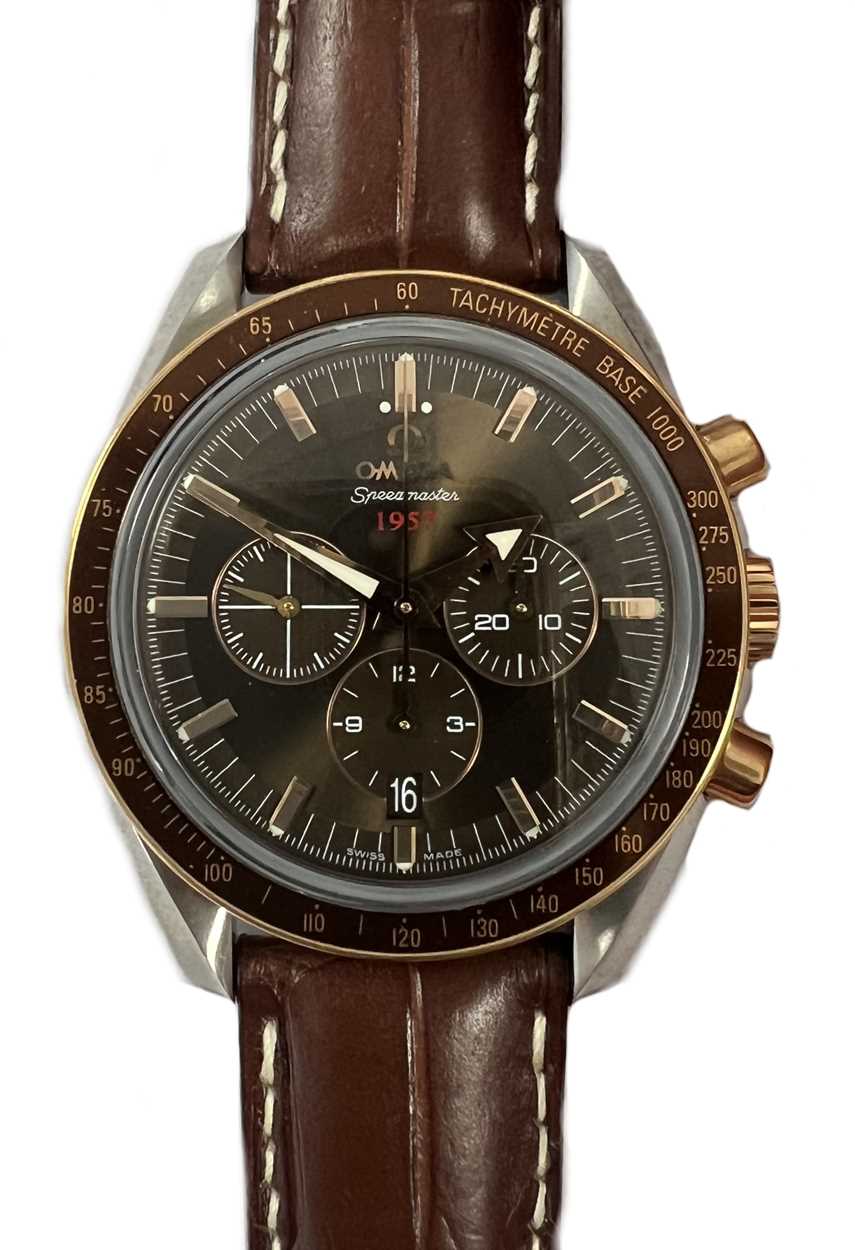 Omega – A steel and 18ct rose gold ‘Speedmaster 1957 Broad Arrow Co-Axial’ chronograph wristwatch, - Image 2 of 9