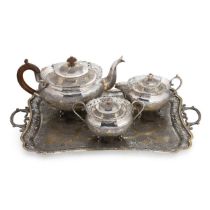 A (probably) late 19th century Islamic parcel gilt 3-piece tea set with tray,