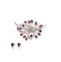 A ruby and diamond spray brooch together with a pair of ear studs,