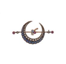 A Victorian diamond, sapphire and ruby crescent brooch,