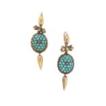 A pair of Etruscan revival turquoise and diamond ear pendants,