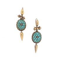 A pair of Etruscan revival turquoise and diamond ear pendants,