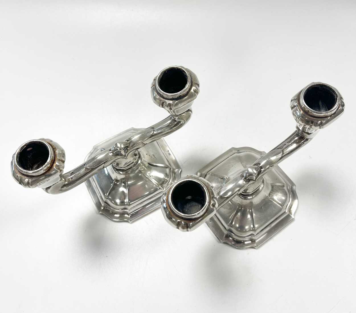 A pair of early 20th century German metalwares silver twin light library candlesticks, - Image 2 of 4