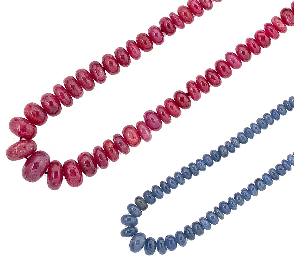 A ruby bead necklace, together with a sapphire bead necklace,