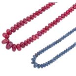 A ruby bead necklace, together with a sapphire bead necklace,