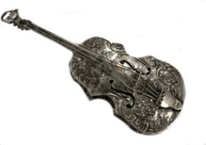 A Victorian (probably Dutch metalwares) silver novelty box in the form of a violin,
