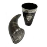 A 19th century silver topped horn snuff mull together with a later silver topped horn beaker,