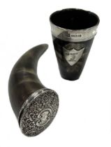 A 19th century silver topped horn snuff mull together with a later silver topped horn beaker,