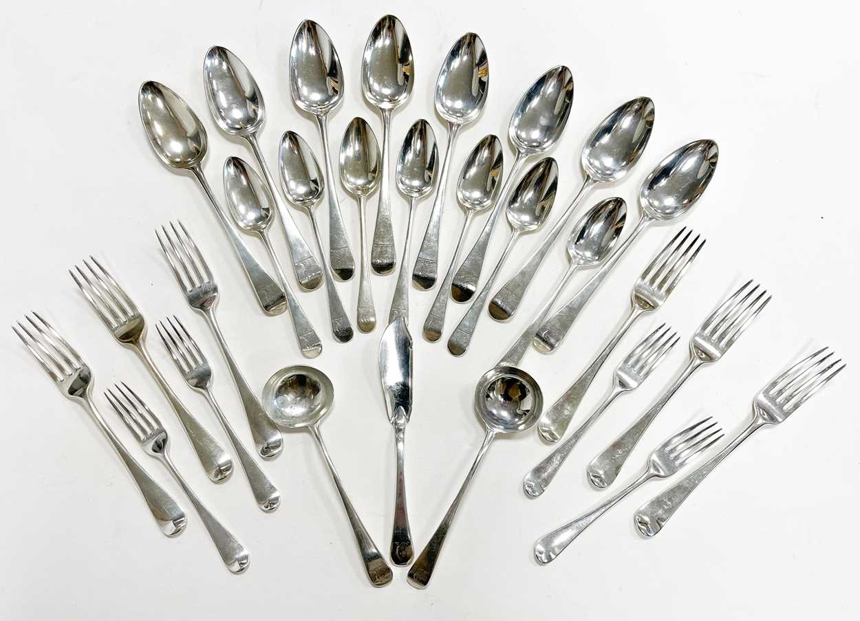 A 79-piece harlequin set of George III silver flatware,