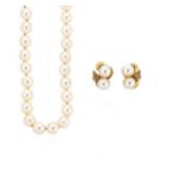 Mikimoto - A single row pearl necklace, together with a pair of ear studs,
