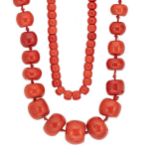 Two coral bead necklaces,