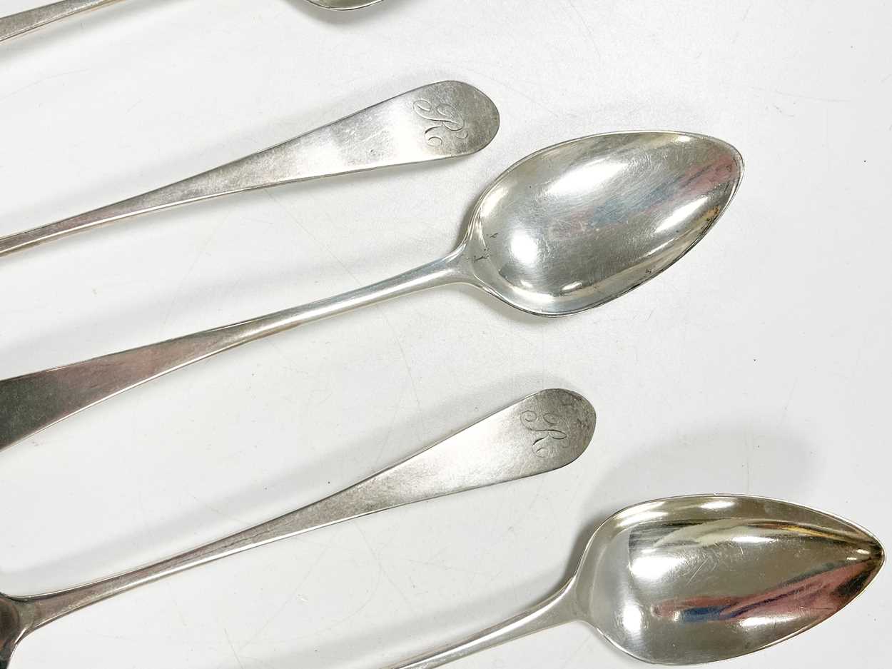 Edinburgh - A set of six 18th century silver dessert spoons with a later addition, - Image 4 of 4