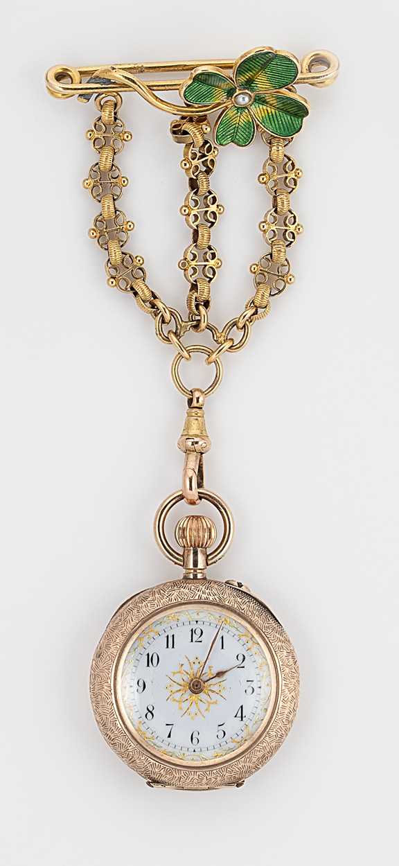 Unsigned - An open faced fob watch with brooch attachment,