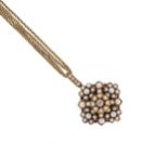 A split pearl and diamond pendant and chain,