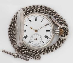 Unsigned - A Swiss silver hunter pocket watch with earlier watch chain,