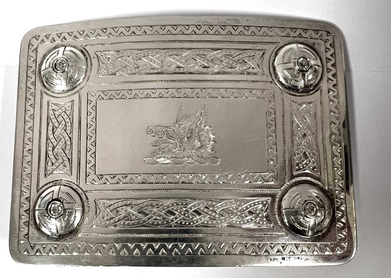 A 20th century silver and diamond set Highlander's dress belt buckle and a silver kilt pin, - Image 2 of 14