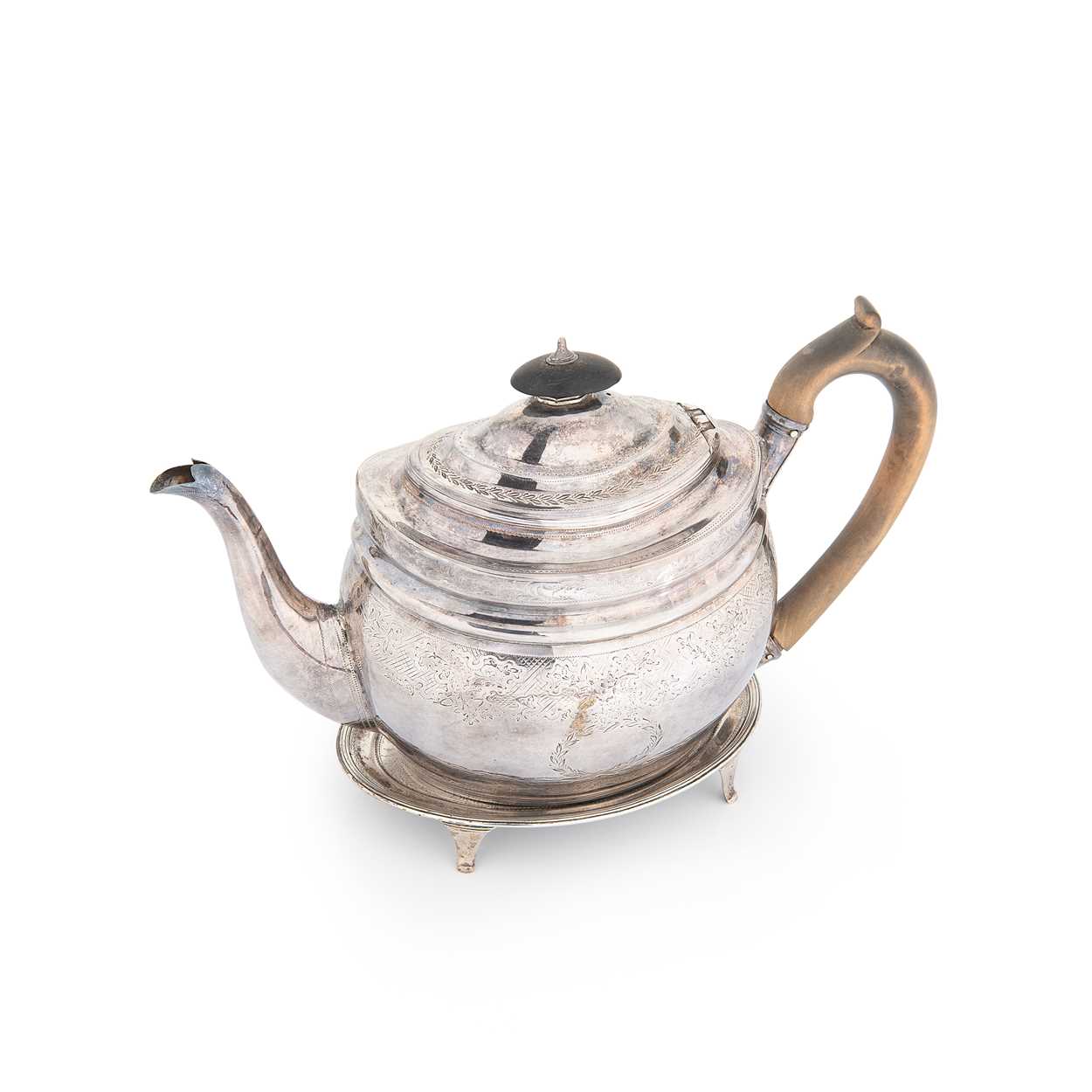 A George III silver tea pot with associated stand,