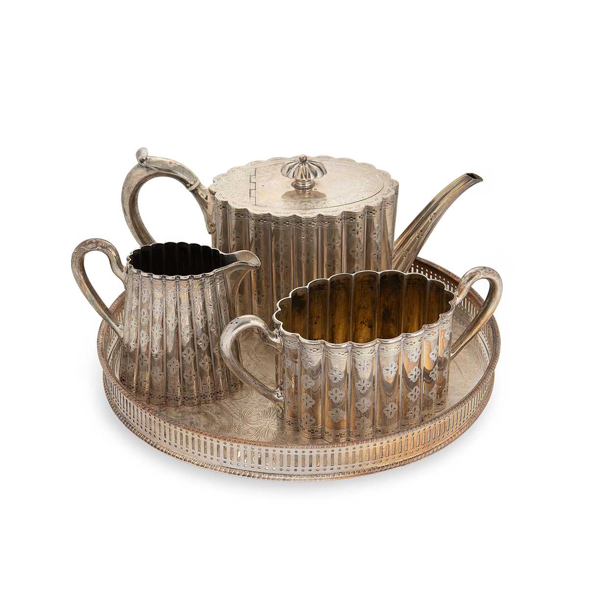 A Victorian silver 3-piece tea set on a silver plated tray,