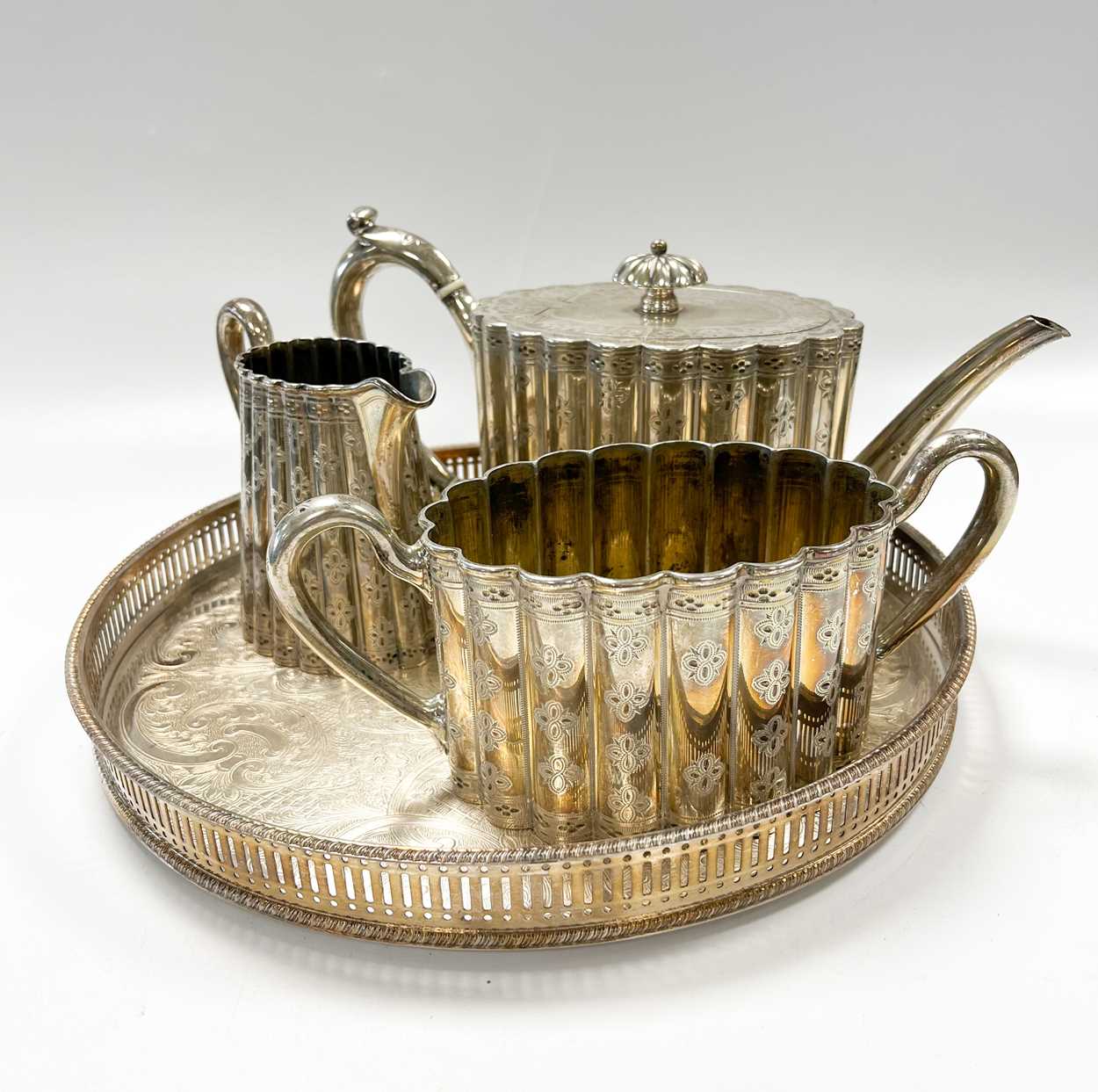A Victorian silver 3-piece tea set on a silver plated tray, - Image 2 of 14