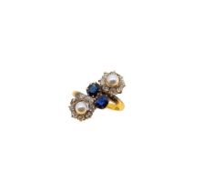 A sapphire, pearl and diamond cluster ring,