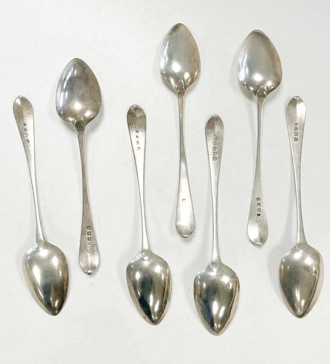 Edinburgh - A set of six 18th century silver dessert spoons with a later addition, - Image 3 of 4