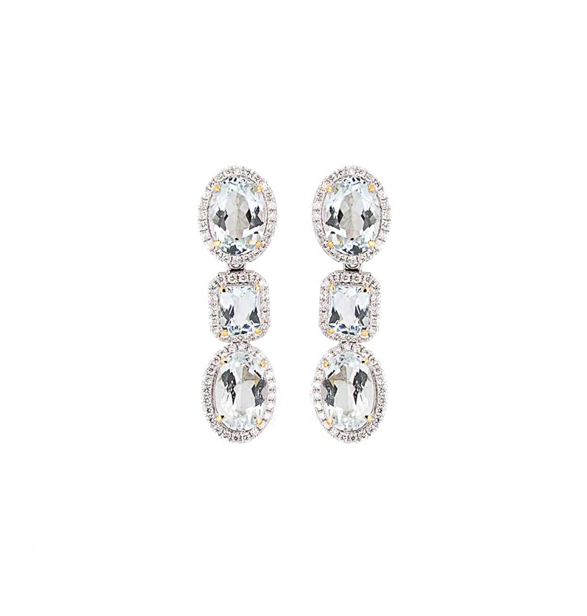 A pair of aquamarine and diamond ear pendants,
