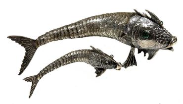 Two mid-20th century Spanish metalwares silver articulated fish ornaments,